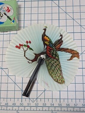 Chinese Paper Folding Hand Fan W/Metal Handle, VTG Mid-Century, #54